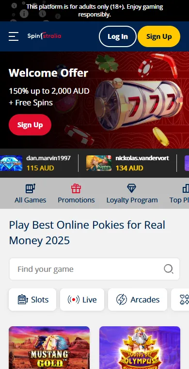 Spinstralia Casino on mobile Spinstralia Casino mobile lobby in a phone browser with the welcome offer banner
